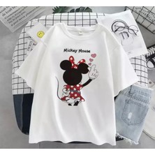 Amor Man Büyük Beden Özel Tasarım Üç Kalp Mickey Baskılı %100 Pamuk Oversize Battal Kadın T-Shırt