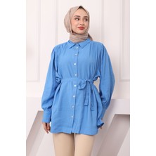 İndigo Omuz Detaylı Keten Gömlek