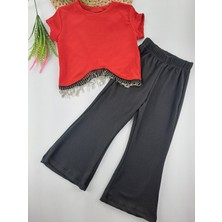 Selfie Kids Kız Çocuk Pantolon Zincirli Bluz Crop Ikili Takım Fitilli Kumaş Kırmızı Su Yeşili Renk Seçenekleri