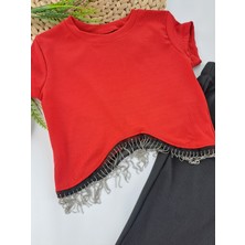 Selfie Kids Kız Çocuk Pantolon Zincirli Bluz Crop Ikili Takım Fitilli Kumaş Kırmızı Su Yeşili Renk Seçenekleri