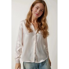 Hazelin Kadın Yeni Krem Hafif Dökümlü Saten Yüzeyli Gömlek HZL22W-BD139641