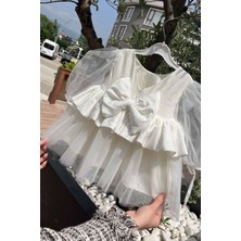 Bertuğ Bebek Tüllü Gül Desenli Kız Çocuk Bebek Kırık Beyaz Elbise