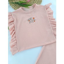 Bonboner Kids Kız Çocuk Yazlık Pantolon Tişort Ikili Takım Su Yeşili ve Somon Pembe Renk Seçenekleri Göğüs Nakış