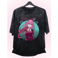 Oversize Zero Two V3 Baskılı Yıkamalı T-Shirt, Unisex Anime Baskılı Eskitme Tişört