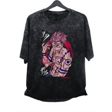 Fuddy Moda Oversize Jujutsu Kaisen Sukuna V3 Baskılı Yıkamalı T-Shirt,  Anime Baskılı Eskitme Tişört