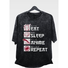 Fuddy Moda Oversize Eat Sleep Anime Repeat Baskılı Yıkamalı T-Shirt, Unisex Anime Baskılı Retro Tişört