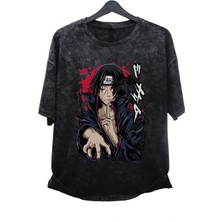 Oversize Akatsuki Uchiha Itachi Baskılı Yıkamalı T-Shirt, Unisex Anime Baskılı Retro Tişört