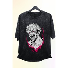 Fuddy Moda Oversize Jjk Sukuna Baskılı Yıkamalı T-Shirt, Unisex Anime Baskılı Vintage Tişört