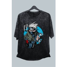 Fuddy Moda Oversize Naruto Kakashi Baskılı Yıkamalı T-Shirt, Unisex Anime Baskılı Retro Tişört
