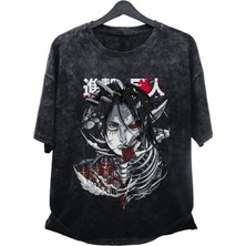 Fuddy Moda Oversize Attack On Titan Eren Baskılı Yıkamalı T-Shirt, Unisex Anime Baskılı Eskitme Tişört