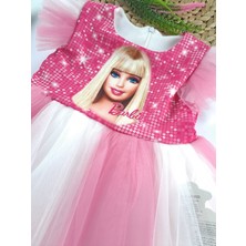 Lumia Kız Çocuk Pembe Renk Barbie Elbise Tüllü Astarlı Tütülü Fırfırlı Tüllü Kol Detayı