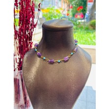 Luna Jewellery Firuze ve Ametist Doğal Taşlı Çelik Kolye
