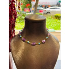 Luna Jewellery Firuze ve Ametist Doğal Taşlı Çelik Kolye