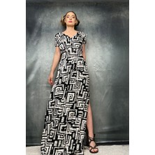 Quincey Siyah Desenli Yırtmaçlı Uzun Maxi Elbise