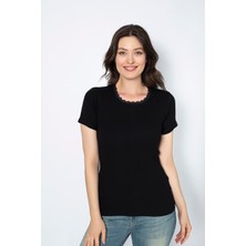 Saac Siyah-Black  4 Adet 100 % Pamuk/coton Penye Ribana Yuvarlak Yaka Dantelli Kısa Kollu Fanila- 525