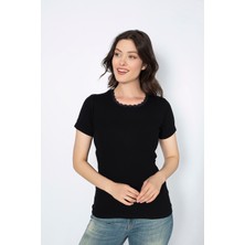 Saac Siyah-Black  4 Adet 100 % Pamuk/coton Penye Ribana Yuvarlak Yaka Dantelli Kısa Kollu Fanila- 525
