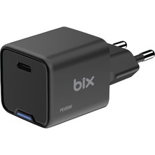 Bix BX1P20G Gan 20W Type-C Pd Akım Korumalı ve LED Göstergeli Hızlı Şarj Cihazı Siyah