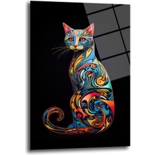 Glazella Renkli̇ Çi̇zgi̇ler Kedi̇ Dekorati̇f Di̇key Cam Tablo, Ev Dekorasyon, Ofi̇s Dekorasyon