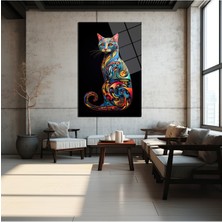 Glazella Renkli̇ Çi̇zgi̇ler Kedi̇ Dekorati̇f Di̇key Cam Tablo, Ev Dekorasyon, Ofi̇s Dekorasyon