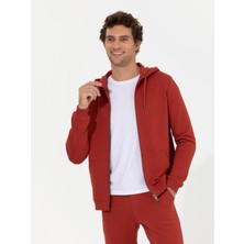 Cacharel Erkek Kiremit %100 Pamuk Tam Fermuarlı Kapüşonlu Sweatshirt 50257177-VR031