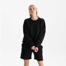 Uniu Kadın Siyah %100 Organik Pamuk Bisiklet Yaka Oversize Sweatshirt
