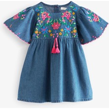 Next Baby Mavi Denim Işlemeli Kaftan Kız Çocuk Elbise