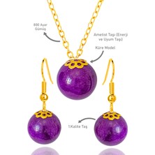 Tesbih Atölyesi Sertifikalı Gold Küre Model Mor Akik Taşı Kolye ve Küpe Seti - Gümüş Aparatlı