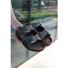 Kazax Edaj Kahverengi Nubuk Boncuk Işlemeli Terlik