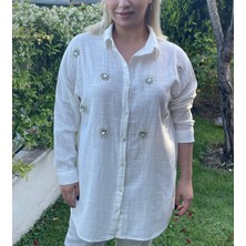 Gokilibutik kadın Beyaz Taş Işlemeli oversize Keten Gömlek