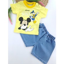 Bonboner Kids Erkek Bebek/çocuk Ikili Takım Kot Şort Tişort Mickey Mouse Baskılı Kırmızı Sarı Su Yeşili Renkler