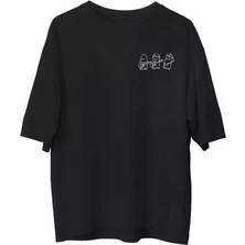 Tarz Yeri  Bisiklet Yaka Baskılı Oversize T-Shirt - Siyah