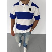 Tarz Yeri  Yakalı Parçalı ve Baskılı T-Shirt - Mavi