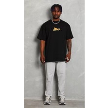 Tarz Yeri  Bisiklet Yaka Baskılı Oversize T-Shirt - Siyah