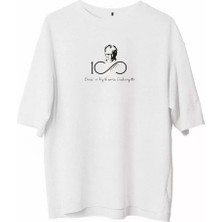 Tarz Yeri Bisiklet Yaka Baskılı Oversize T-Shirt - Beyaz -