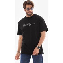 Tarz Yeri  Bisiklet Yaka Baskılı Oversize T-Shirt - Siyah