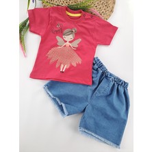 Bonboner Kids Kız Çocuk/bebek Kot Şort Tişort Ikili Takım Peri Kız Baskılı Turkuaz ve Nar Çiçeği Renk Seçenekleri