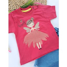 Bonboner Kids Kız Çocuk/bebek Kot Şort Tişort Ikili Takım Peri Kız Baskılı Turkuaz ve Nar Çiçeği Renk Seçenekleri