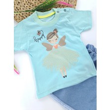 Bonboner Kids Kız Çocuk/bebek Kot Şort Tişort Ikili Takım Peri Kız Baskılı Turkuaz ve Nar Çiçeği Renk Seçenekleri