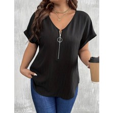 Stock Mount Kadın Kısa Kollu V Yakalı Önden Fermuarlı Salaş Bluz