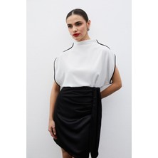 Sateen Boğazlı Kontrast Bluz - Ekru