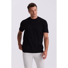 Siyah %100 Pamuk Desenli Bisiklet Yaka T-Shirt