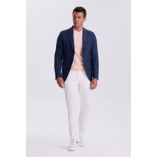 Jakamen Lacivert Slim Fit Kırlangıç Yaka Çizgili Keten Pamuk Mevsimlik Ceket