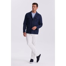 Jakamen Lacivert Slim Fit Cepli Keten Pamuk Mevsimlik Safari Ceket