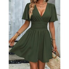 Nazlım Butik Kadın Kısa Kollu V Yaka Kruvaze Bel Pile Arka Bel Gipe Kol Volan Detay Sandy Mini Boy Elbise