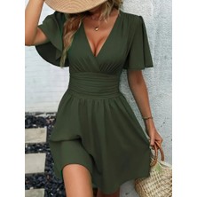 Nazlım Butik Kadın Kısa Kollu V Yaka Kruvaze Bel Pile Arka Bel Gipe Kol Volan Detay Sandy Mini Boy Elbise