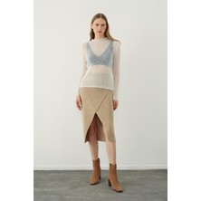 Sherin Camel Asimetrik Yırtmaçlı Midi Triko Etek