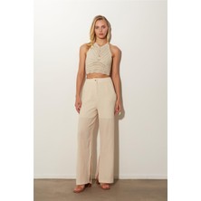 Sherin Ekru Yüksek Bel Geniş Paça Keten Yırtmaçlı Pantolon