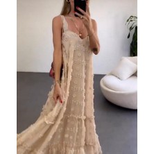 Alya NS Butik Askılı Maxi Boy Astarlı Tül Elbise Taş Rengi