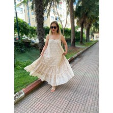 Alya NS Butik Askılı Maxi Boy Astarlı Tül Elbise Taş Rengi