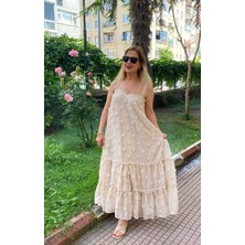 Alya NS Butik Askılı Maxi Boy Astarlı Tül Elbise Taş Rengi